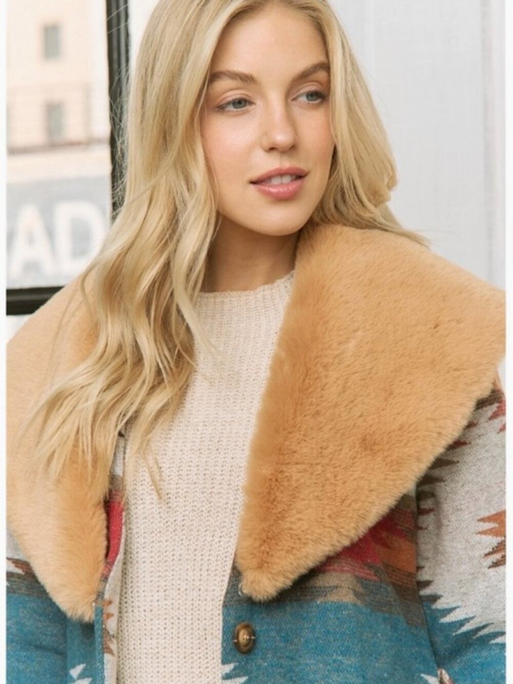 Aztec Jacket Shacket with Contrast Fur Showl Collar - Picture 5 of 13